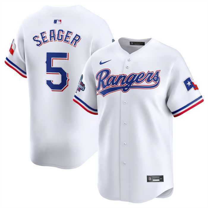 Men%27s Texas Rangers #5 Corey Seager White 2023 World Series Champions Stitched Baseball Jersey Dzhi